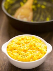 close up of a bowl of scrambled eggs