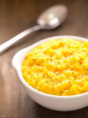 close up of a bowl of scrambled eggs