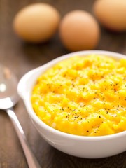 close up of a bowl of scrambled eggs