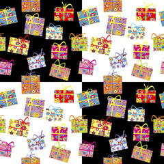 Wrapping paper with presents boxes over black and white backgrou