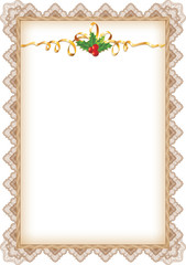 Vintage Christmas Page with Holly, Gold Ribbon and Guilloche Bor
