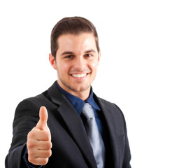Businessman thumbs up isolated on white