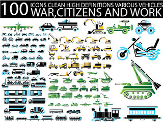 100 ICON VARIOUS VEHICLES CLEAN WAR,CITIZENS AND WORK