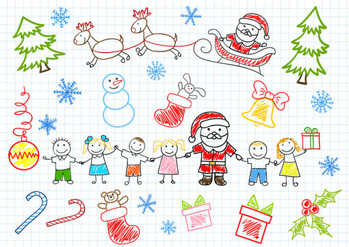 Vector sketchs - Santa Claus and children