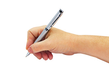 Metallic silver ballpoint pen in a female hand