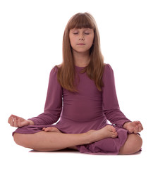 Girl on white background meditating
