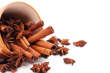 Coffee cup on table with cinnamon