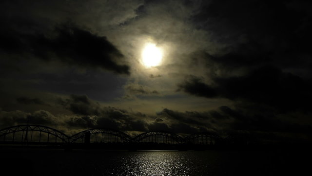 HD - Night cityscape. Railroad bridge