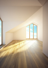 empty mansard room with windows