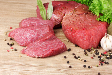 raw meat, vegetables and spices on gray background