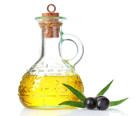 olive oil and olives isolated on white