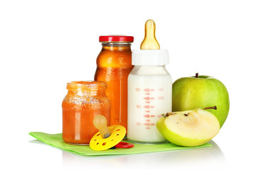 baby food and fruit isolated on white