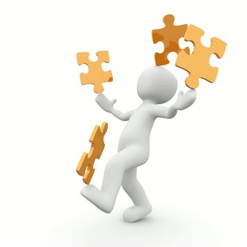 3d Charakter spielt mit Puzzel