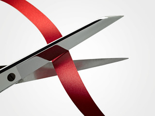 Scissors and ribbon (CLIPPING PATH ) - obrazy, fototapety, plakaty