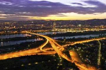 Fototapeta premium Vienna with Danube River & Island (Donauinsel), highway junction