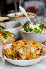 Fish, salads