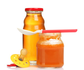 baby food and spoon isolated on white
