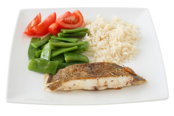 Fried flounder with rice and vegetables