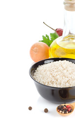 rice and healthy food on white