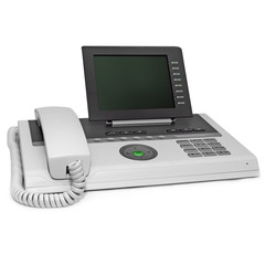 grey and black office IP phone with big lcd empty space display