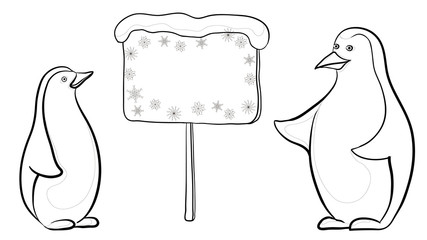 Emperor penguins with sign