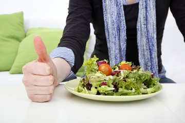 woman, thumbs up and salad