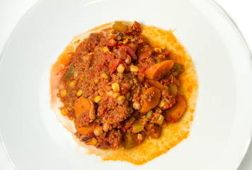 Chili con carne on white plate