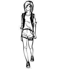 a sketch of a girl in sneakers and shorts are directly