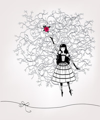 Decorative postcard with stylized girl character and red flower.