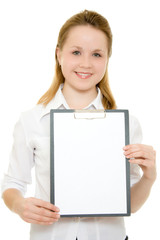 Businesswoman with a white board in his hands.