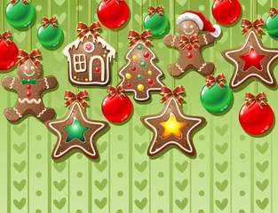 Photo sur Plexiglas Dessiner Biscuits de Noël Decorations-Gingerbread Fond ornemental