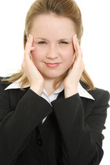 Business woman in a state of stress on a white background.