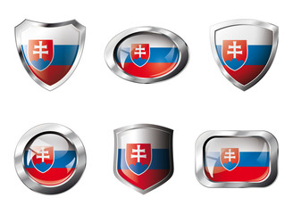 Slovakia set shiny buttons and shields of flag with metal frame