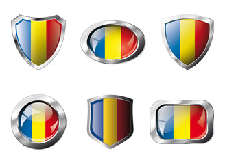 Romania set shiny buttons and shields of flag with metal frame -