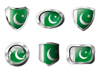 Pakistan set shiny buttons and shields of flag with metal frame