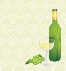 Wine bottle, glass and green grape on the decorative background