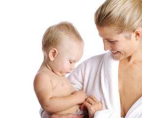 Happy mother with baby boy over white