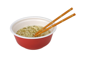 bowl of ramen with chopsticks isolated on white background