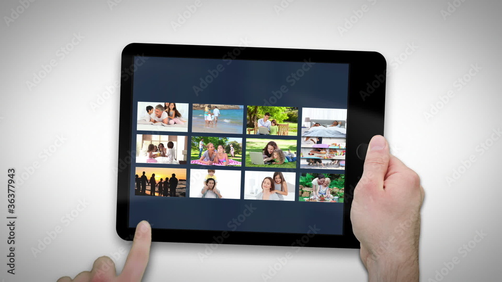 Poster tablet computer showing families relaxing