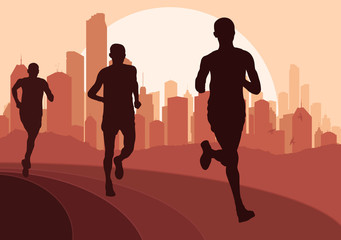 Marathon runners in skyscraper city landscape background