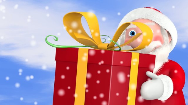 Weihnachtsmann tr&auml;gt Geschenk im Schnee