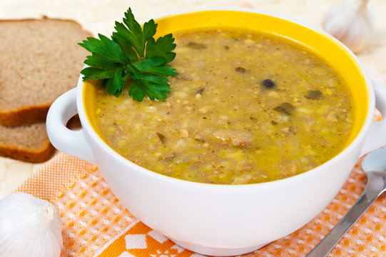 Traditional Georgian soup with meat and rice