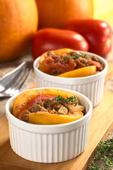 Pumpkin, tomato, mincemeat dish with fresh thyme