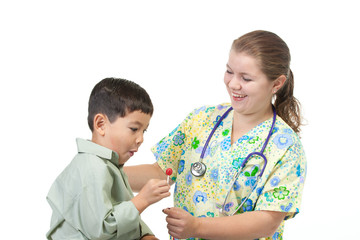 Obraz premium Nurse gives boy candy.