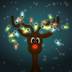 funny reindeer with christmas lights shining in dark