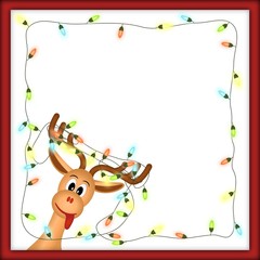funny reindeer with christmas lights in red frame