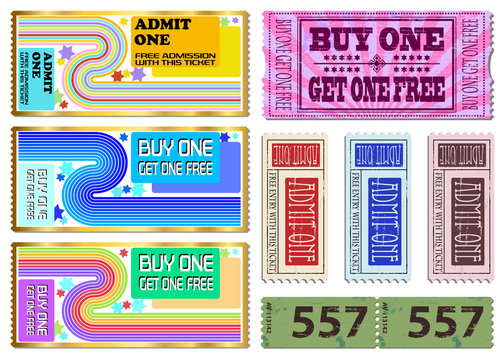 Colorful free admission and sale ticket Illustrations