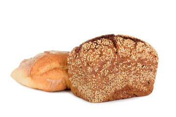 Baked rye bread with linseeds on the white isolated background