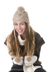 Smiling girl in winter style on a white background