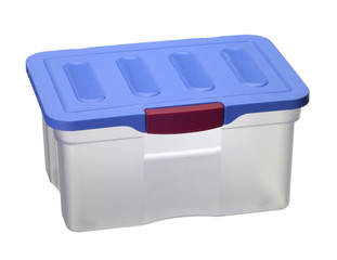 translucent plastic box with blue top